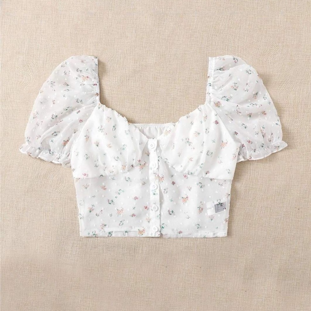 Ruched Bust Daisy Floral Swiss Dot Blouse